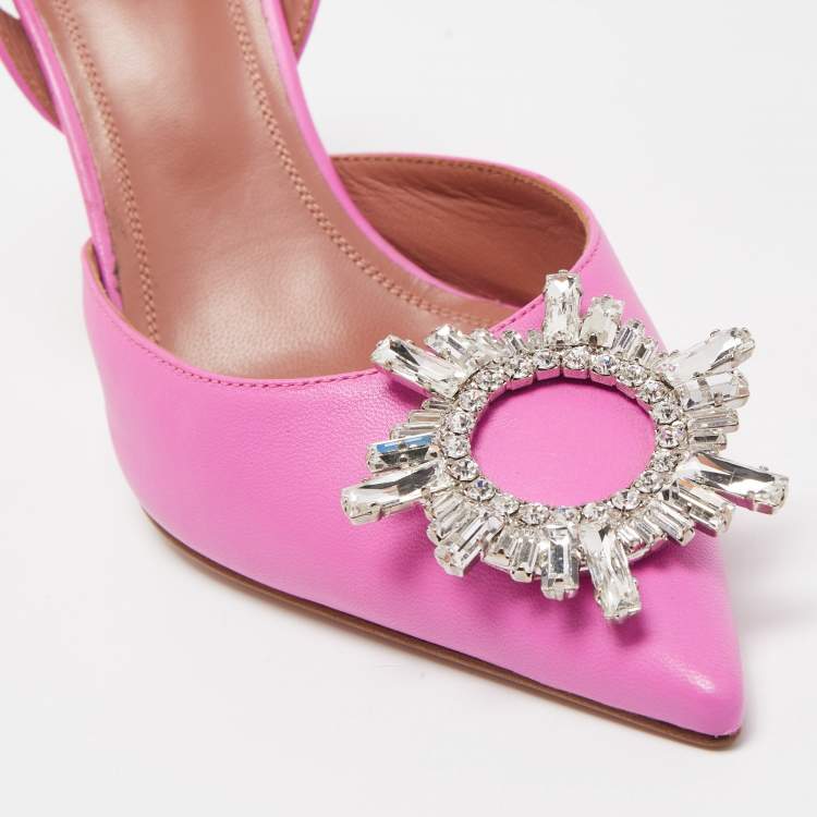 Pre Owned Amina Muaddi Pink Leather Begum Crystal Embellished Slingback Sandals Size 38.5