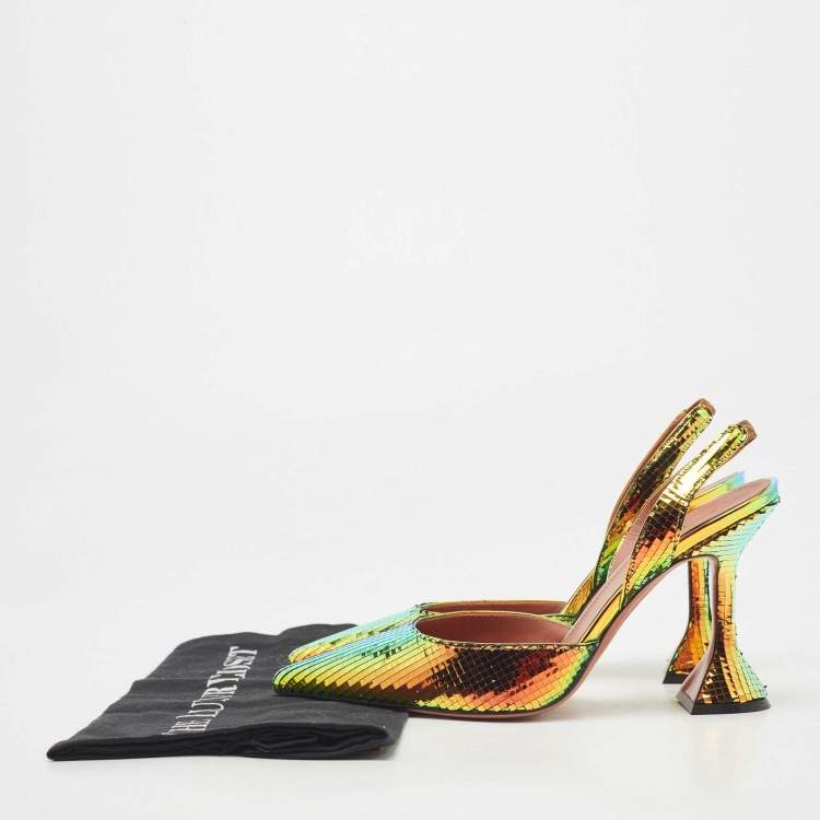 Pre Owned Amina Muaddi Multicolor Textured Foil Leather Holli Slingback Pumps Size 37.5