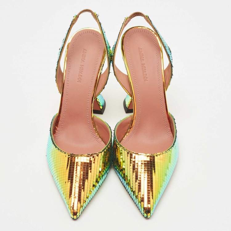 Pre Owned Amina Muaddi Multicolor Textured Foil Leather Holli Slingback Pumps Size 37.5