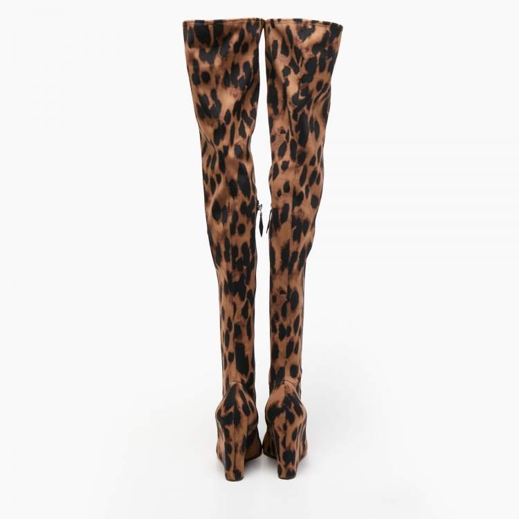 Pre Owned Amina Muaddi Brown/Black Fabric Leopard Print Wedge Over-The-Knee Boots Size 38