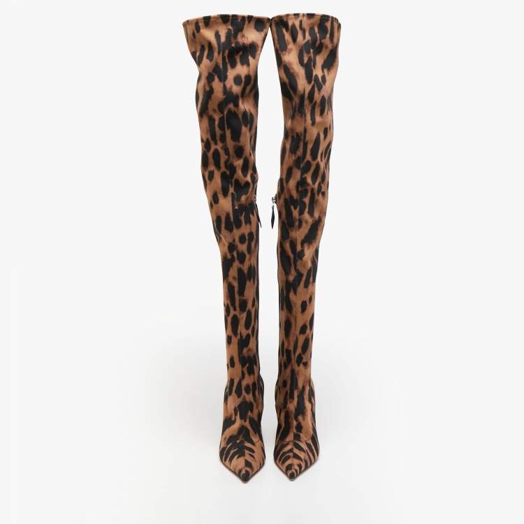 Pre Owned Amina Muaddi Brown/Black Fabric Leopard Print Wedge Over-The-Knee Boots Size 38