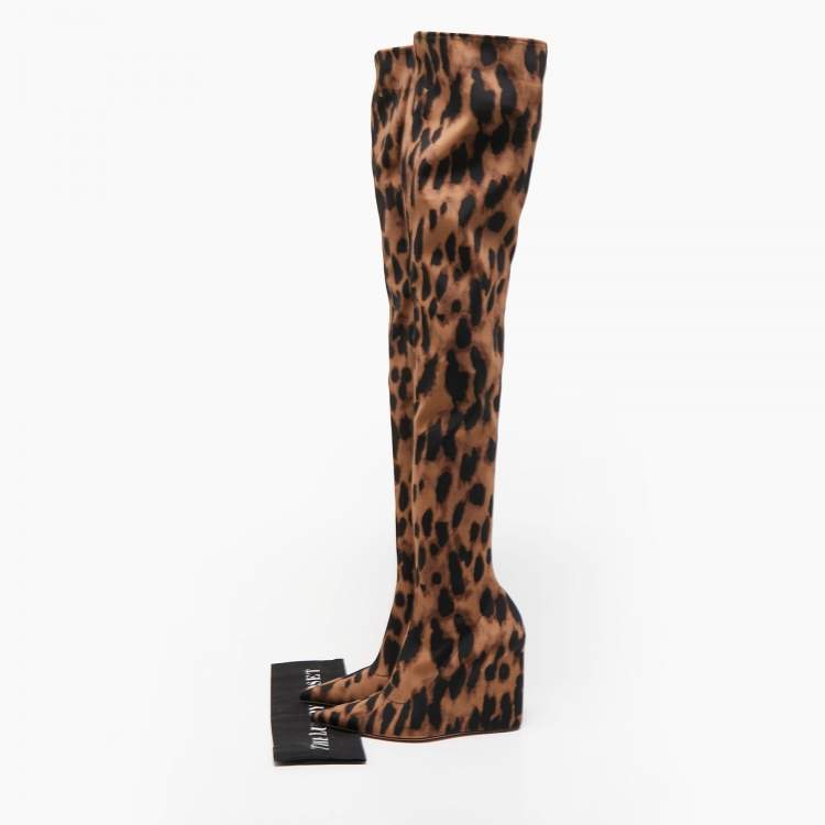 Pre Owned Amina Muaddi Brown/Black Fabric Leopard Print Wedge Over-The-Knee Boots Size 38
