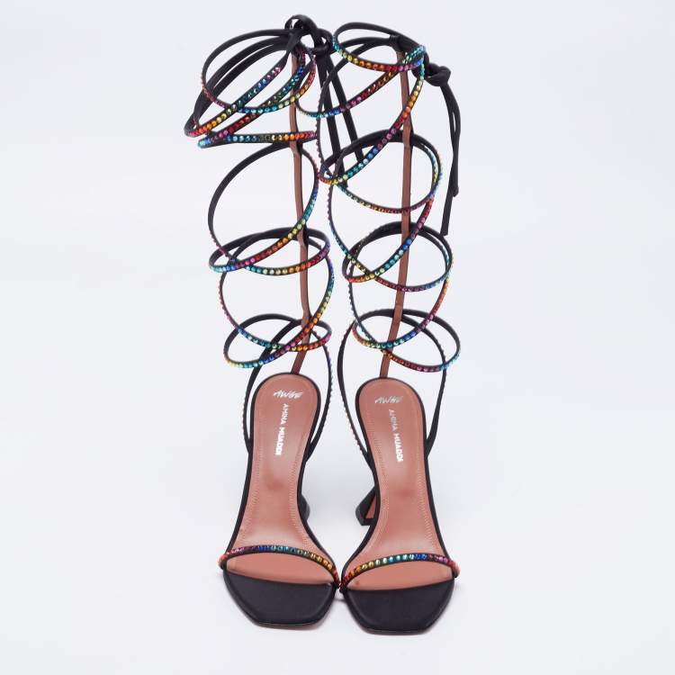 Pre Owned Amina Muaddi x AWGE Black Satin LSD Crystal Embellished Gladiator Sandals Size 37