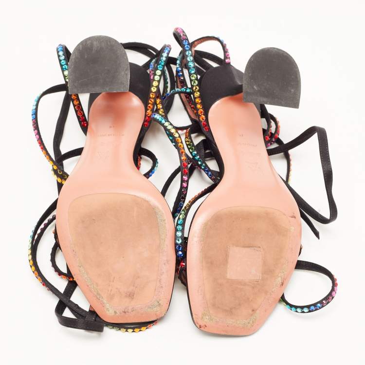 Pre Owned Amina Muaddi x AWGE Black Satin LSD Crystal Embellished Gladiator Sandals Size 37