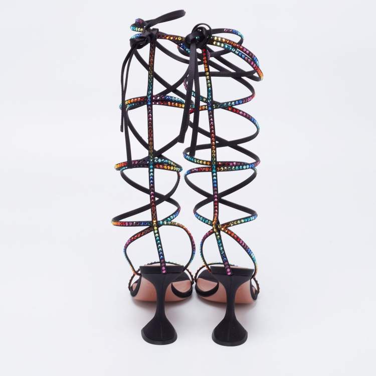 Pre Owned Amina Muaddi x AWGE Black Satin LSD Crystal Embellished Gladiator Sandals Size 37