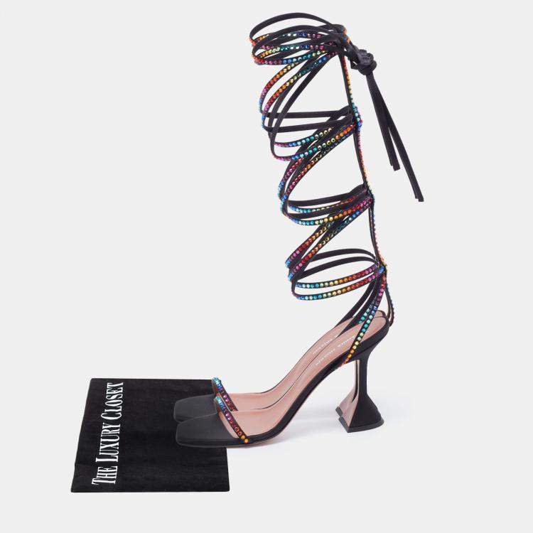 Pre Owned Amina Muaddi x AWGE Black Satin LSD Crystal Embellished Gladiator Sandals Size 37