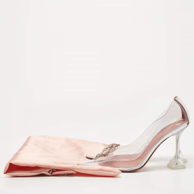 Pre Owned Amina Muaddi Transparent/Silver Leather and PVC Rosie Pumps Size 40.5