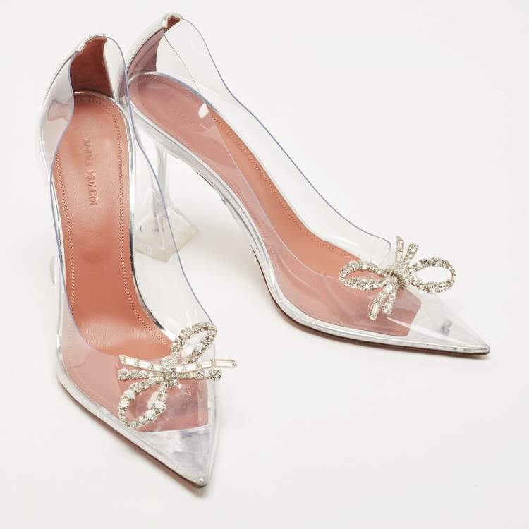 Pre Owned Amina Muaddi Transparent/Silver Leather and PVC Rosie Pumps Size 40.5