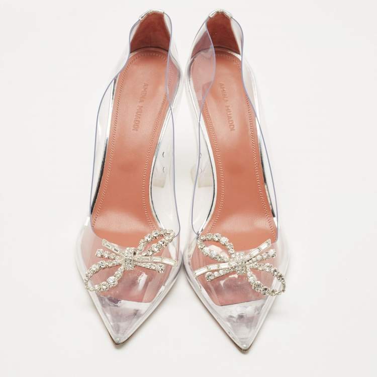Pre Owned Amina Muaddi Transparent/Silver Leather and PVC Rosie Pumps Size 40.5