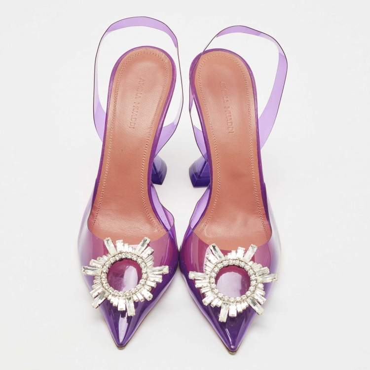 Pre Owned Amina Muaddi Purple PVC Begum Slingback Pumps Size 38.5