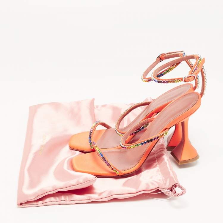 مملوكة مسبقًا Amina Muaddi Orange Satin and Rainbow Crystal Gilda Ankle Strap Sandals Size 37