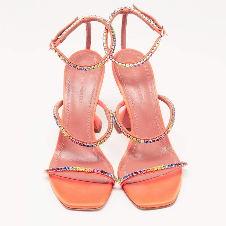 مملوكة مسبقًا Amina Muaddi Orange Satin and Rainbow Crystal Gilda Ankle Strap Sandals Size 37