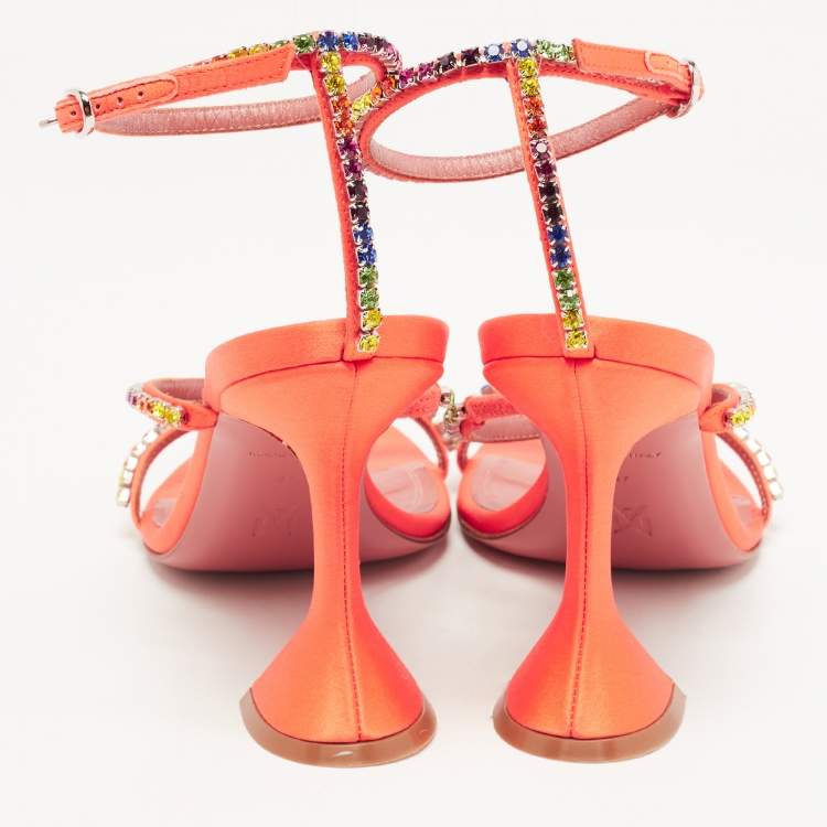 مملوكة مسبقًا Amina Muaddi Orange Satin and Rainbow Crystal Gilda Ankle Strap Sandals Size 37