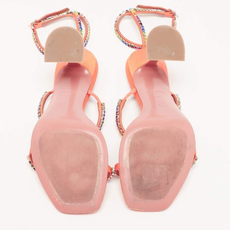مملوكة مسبقًا Amina Muaddi Orange Satin and Rainbow Crystal Gilda Ankle Strap Sandals Size 37