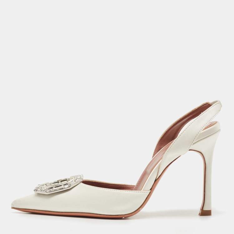 Pre Owned Amina Muaddi White Satin Camelia Sling Back Pumps Size 37