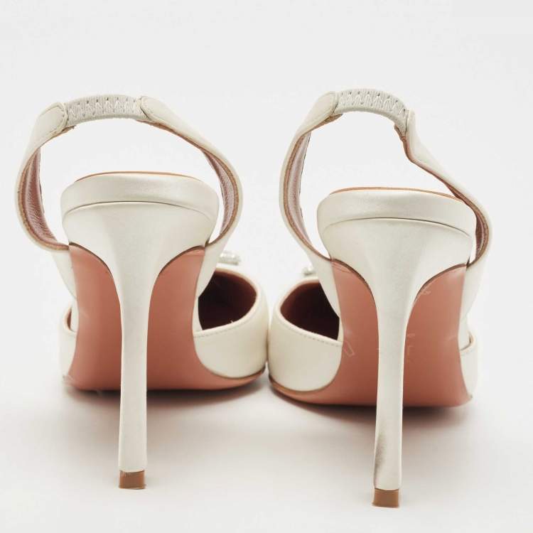 Pre Owned Amina Muaddi White Satin Camelia Sling Back Pumps Size 37