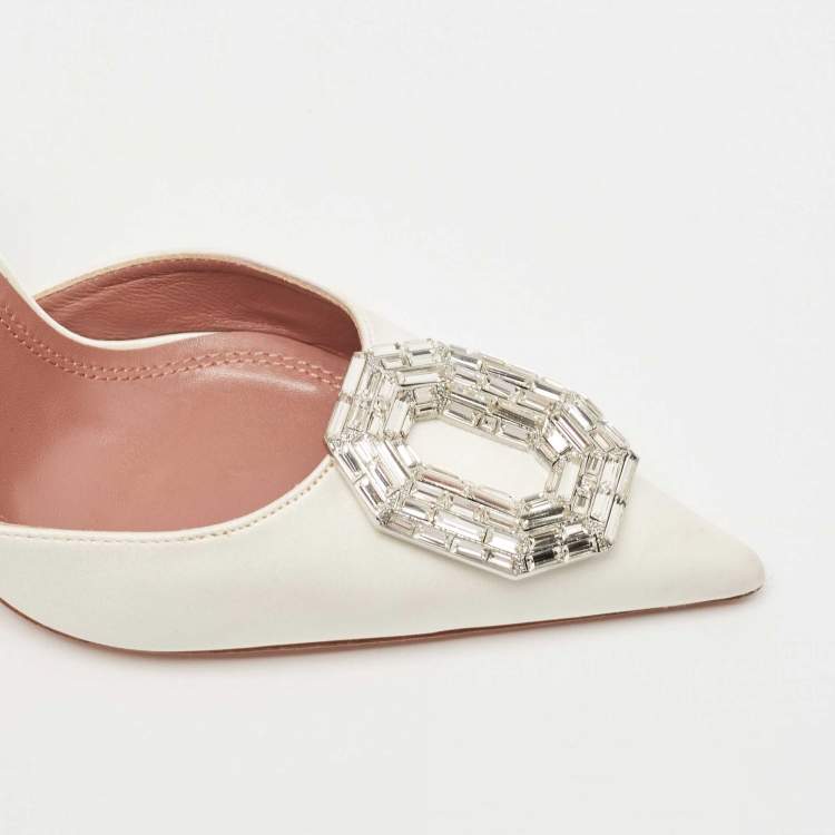 Pre Owned Amina Muaddi White Satin Camelia Sling Back Pumps Size 37