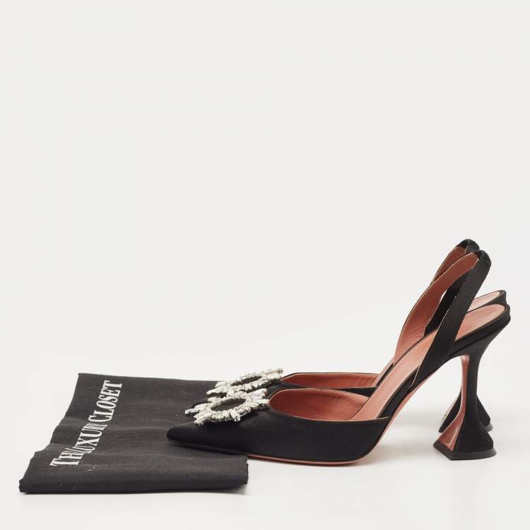 Pre Owned Amina Muaddi Black Satin Begum Crystal Embellished Slingback Pumps Size 39