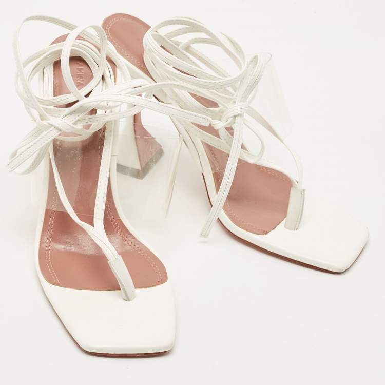 Pre Owned Amina Muaddi White Leather and PVC Zula Ankle Tie Sandals Size 39