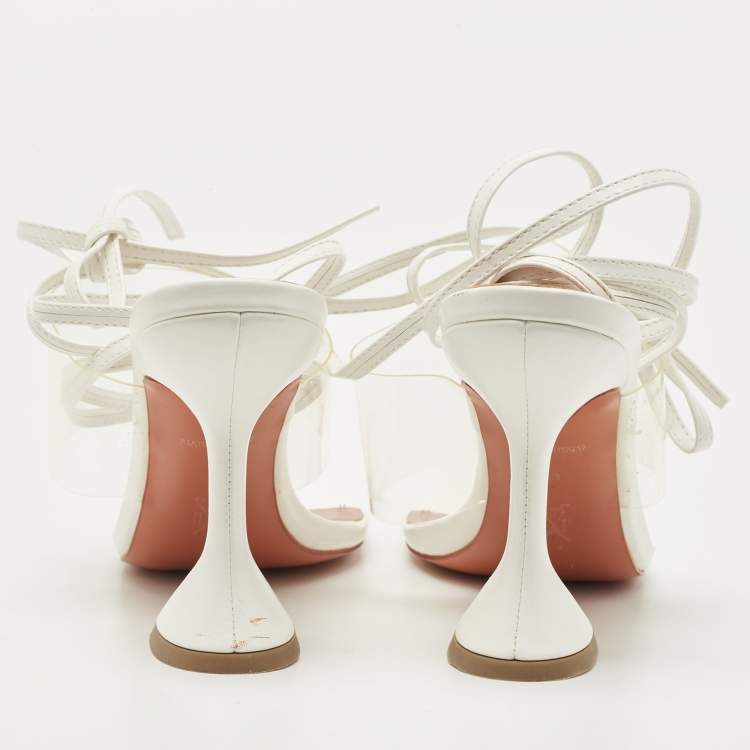Pre Owned Amina Muaddi White Leather and PVC Zula Ankle Tie Sandals Size 39
