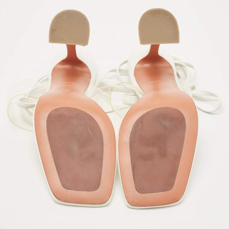 Pre Owned Amina Muaddi White Leather and PVC Zula Ankle Tie Sandals Size 39