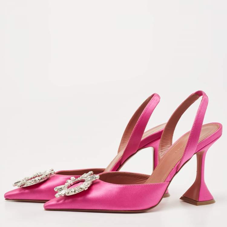 Pre Owned Amina Muaddi Magenta Satin Begum Slingback Pumps Size 38.5