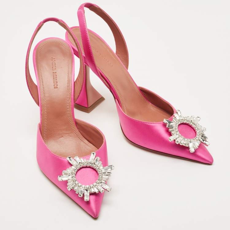 Pre Owned Amina Muaddi Magenta Satin Begum Slingback Pumps Size 38.5