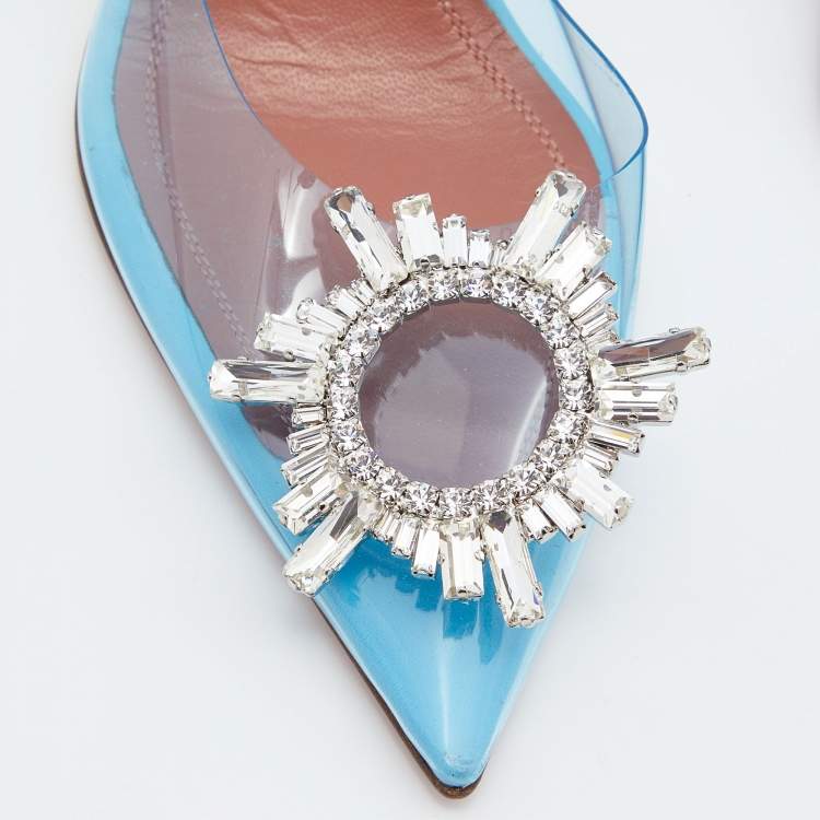 Pre Owned Amina Muaddi Blue PVC Begum Crystal Embellished Slingback Pumps Size 36.5