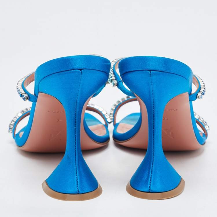 مملوكة مسبقًا Amina Muaddi Blue Satin Crystal Gilda Sandals Size 38