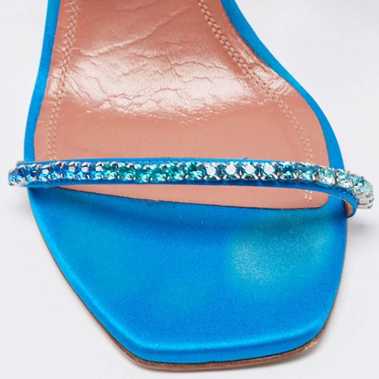 مملوكة مسبقًا Amina Muaddi Blue Satin Crystal Gilda Sandals Size 38