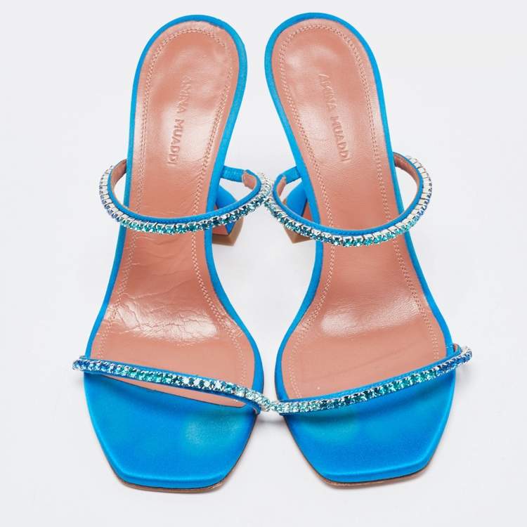 مملوكة مسبقًا Amina Muaddi Blue Satin Crystal Gilda Sandals Size 38