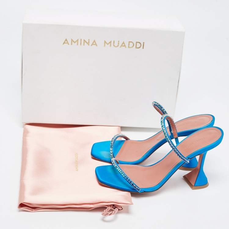 مملوكة مسبقًا Amina Muaddi Blue Satin Crystal Gilda Sandals Size 38