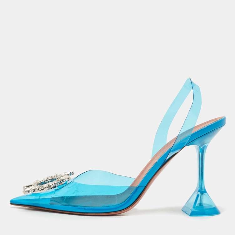 Pre Owned Amina Muaddi Blue PVC Begum Slingback Pumps Size 39 