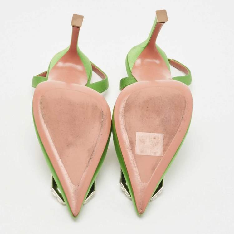 Pre Owned Amina Muaddi Green Satin Camelia Slingback Pumps Size 36.5