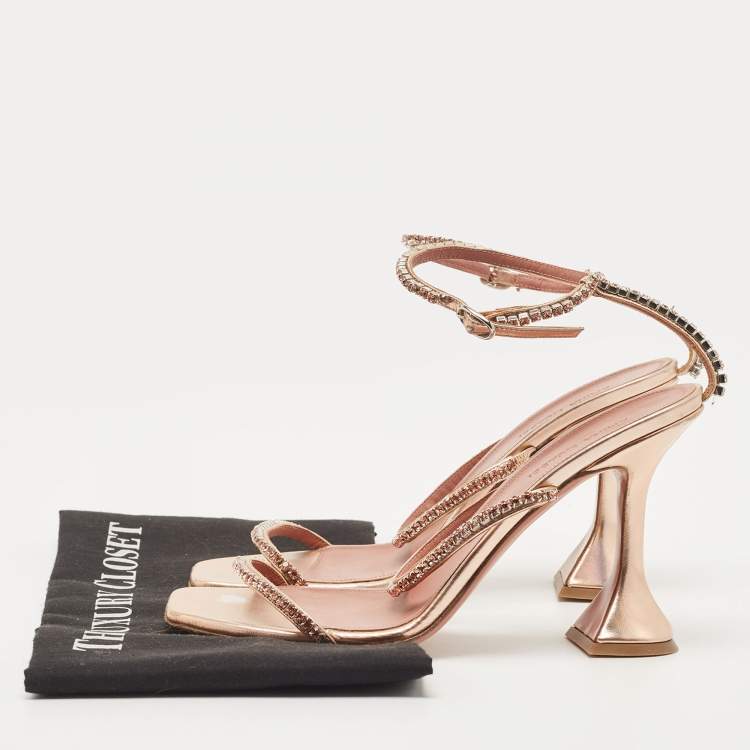 Pre Owned Amina Muaddi Metallic Leather Crystal Embellished Gilda  Sandals Size 38