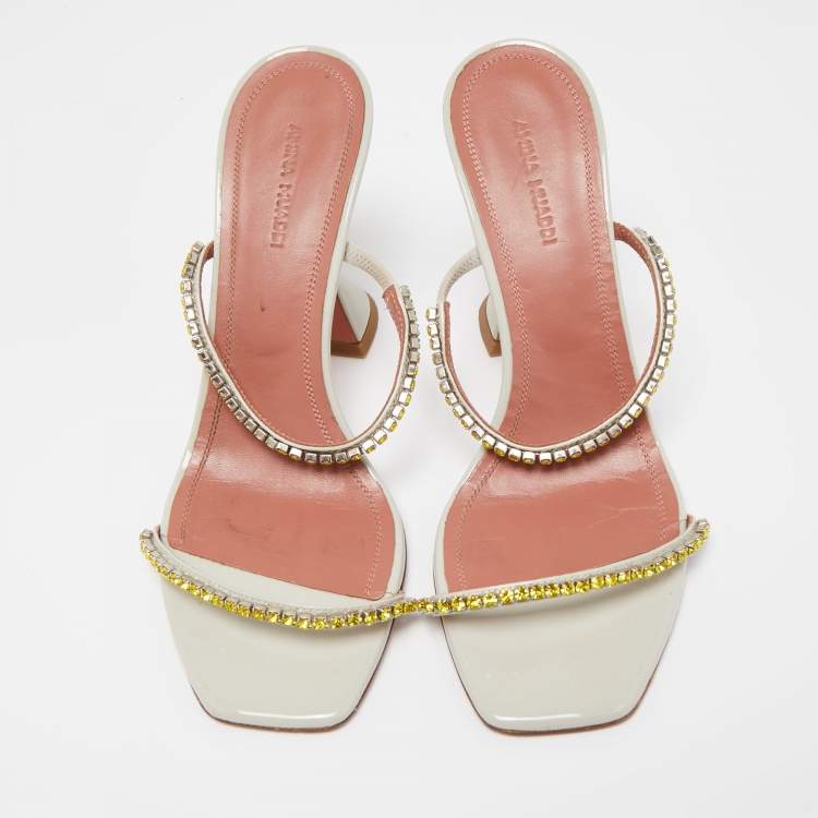 Pre Owned Amina Muaddi Grey Patent Crystal Gilda Sandals Size 38