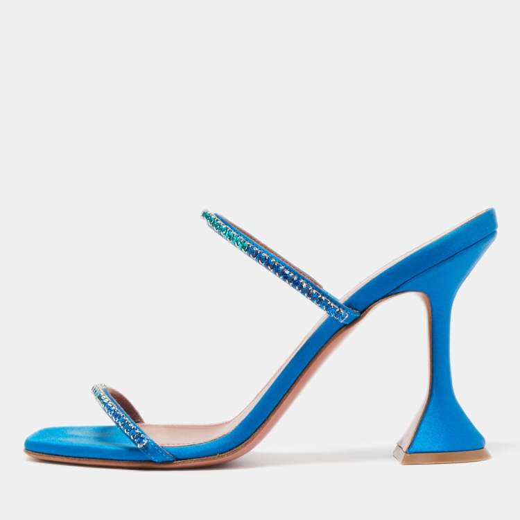 Pre Owned Amina Muaddi Blue Satin Crystal Gilda  Sandals Size 37.5