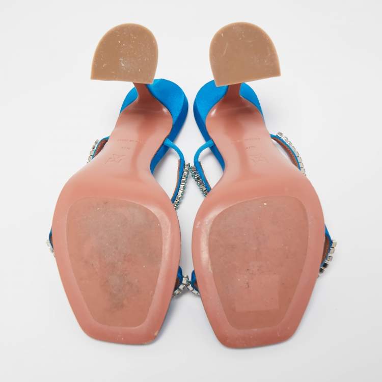 Pre Owned Amina Muaddi Blue Satin Crystal Gilda  Sandals Size 37.5