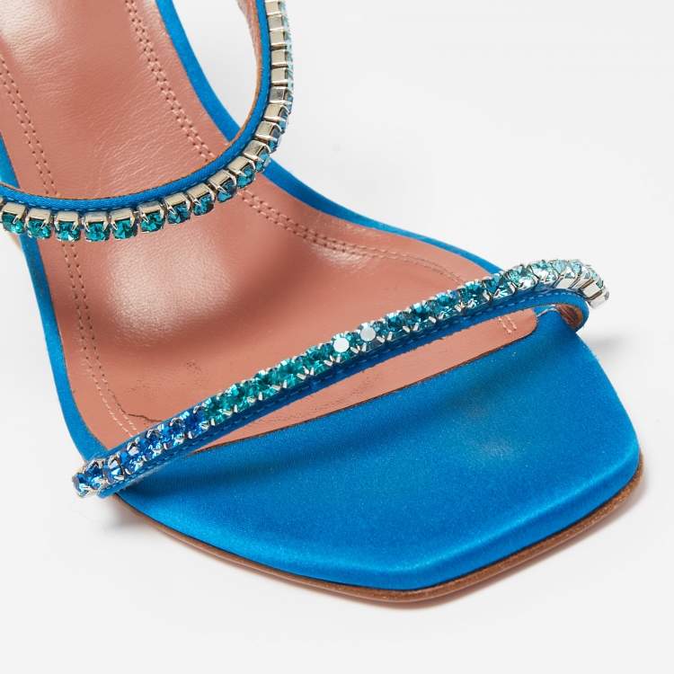 Pre Owned Amina Muaddi Blue Satin Crystal Gilda  Sandals Size 37.5