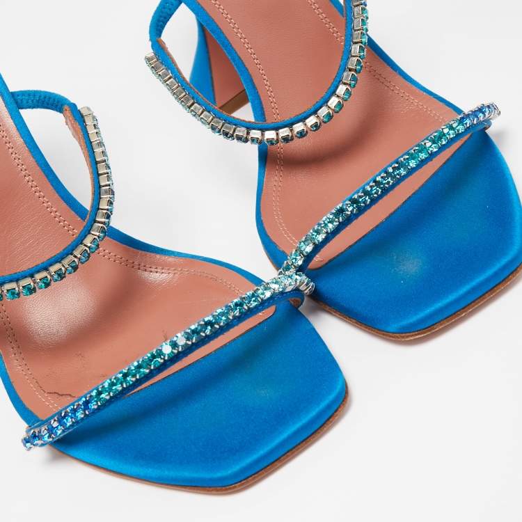 Pre Owned Amina Muaddi Blue Satin Crystal Gilda  Sandals Size 37.5