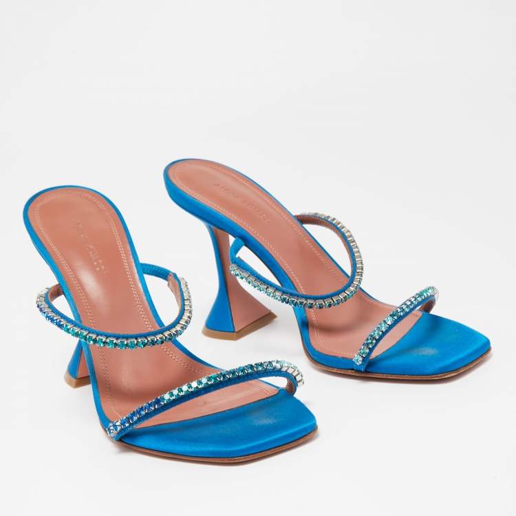 Pre Owned Amina Muaddi Blue Satin Crystal Gilda  Sandals Size 37.5