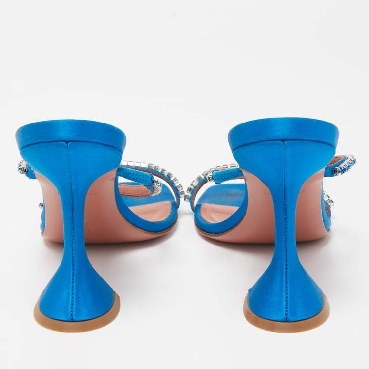 Pre Owned Amina Muaddi Blue Satin Crystal Gilda  Sandals Size 37.5