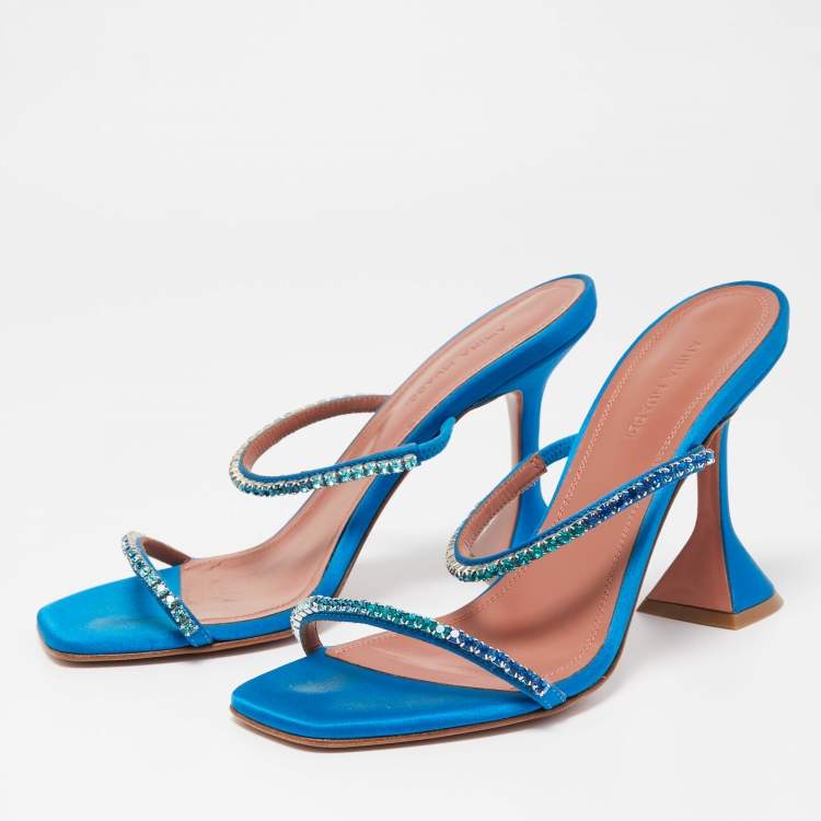 Pre Owned Amina Muaddi Blue Satin Crystal Gilda  Sandals Size 37.5
