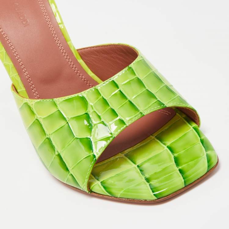 Pre Owned Amina Muaddi Green Croc Patent Embossed lupita Wedge Sandals Size 38