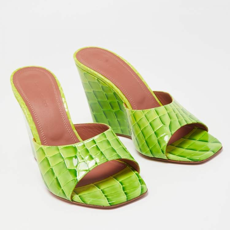 Pre Owned Amina Muaddi Green Croc Patent Embossed lupita Wedge Sandals Size 38