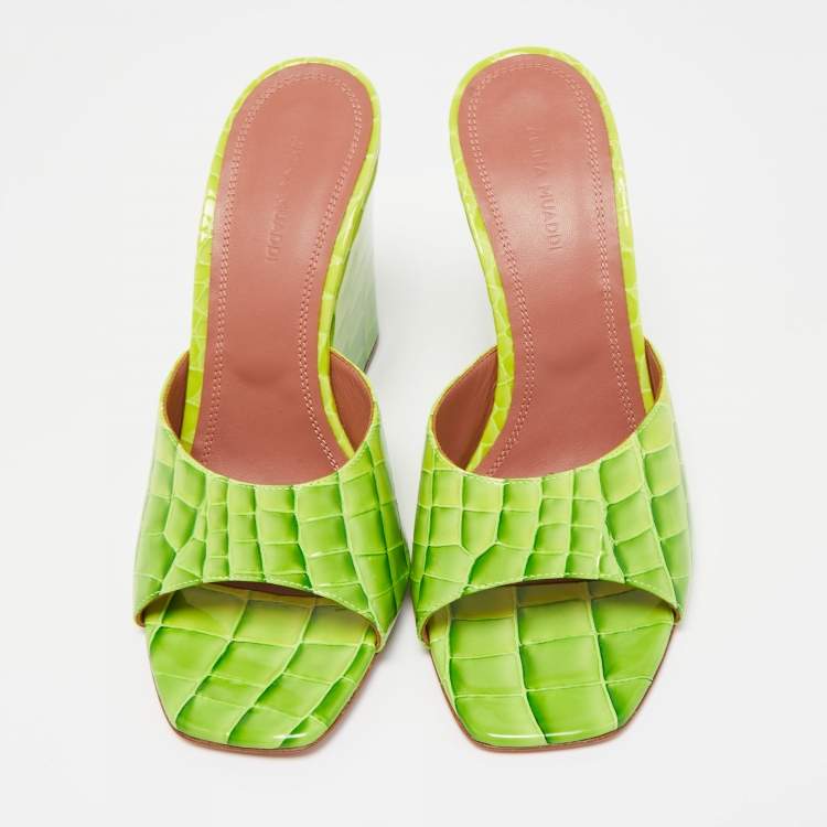 Pre Owned Amina Muaddi Green Croc Patent Embossed lupita Wedge Sandals Size 38
