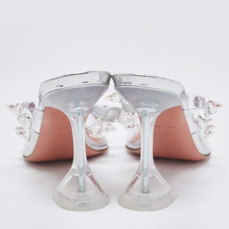 Pre Owned Amina Muaddi Transparent PVC Crystal Embellished Julia Mules Size 37
