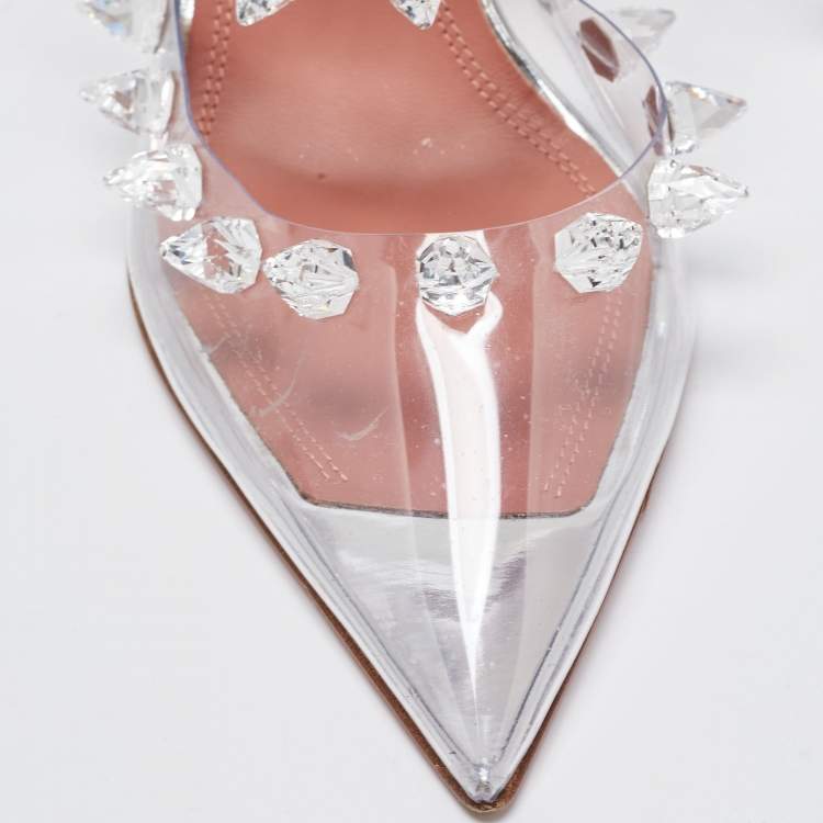 Pre Owned Amina Muaddi Transparent PVC Crystal Embellished Julia Mules Size 37