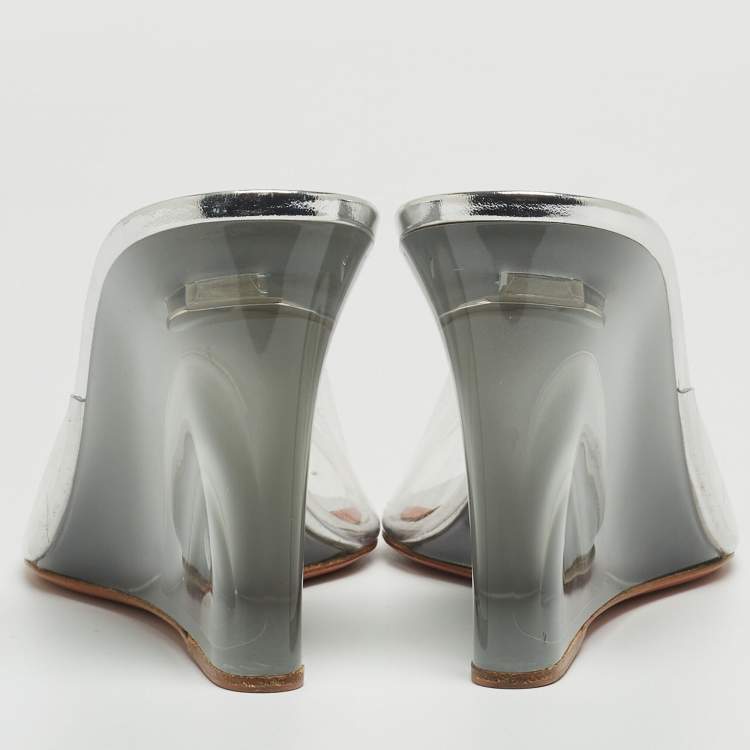 Pre Owned Amina Muaddi Transparent PVC Lupita Wedge Mules Size 40