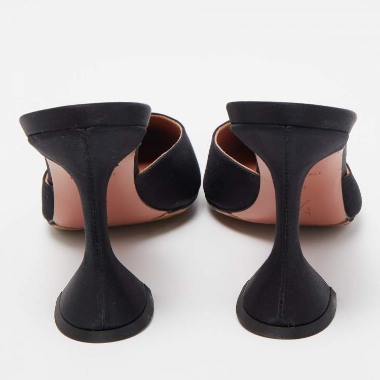 Pre Owned Amina Muaddi Black Satin Fiona Mules Size 38.5